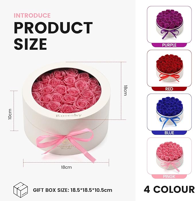 Valentines Day Flowers Roses Gifts for Her,28pcs Pink Forever Preserved Roses in Round Gift Box,Valentines Day Delivery Prime Gifts-Roses Gifts for Women,Mom.