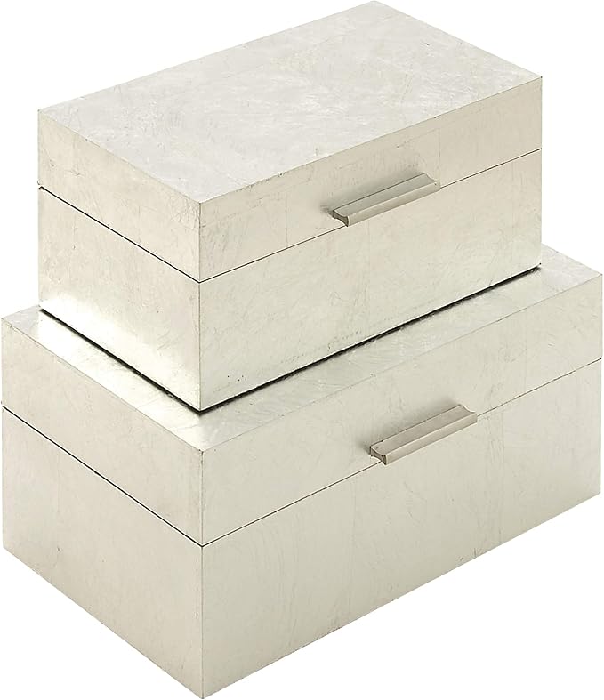 CosmoLiving by Cosmopolitan Wooden Decorative Box Decorative Keepsake Boxes with Textured Foiled Exterior, Set of 2 Storage Boxes 13", 11"W, Silver