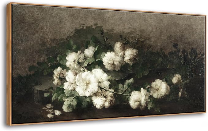 DJSYLIFE Vintage White Rose Still Life Framed Wall Art, Classical Painting | 20x40 Inch Floral Canvas Print, Solid Wood Frame, Ready to Hang, Elegant Decor for Living Room, Bedroom, Above Bed