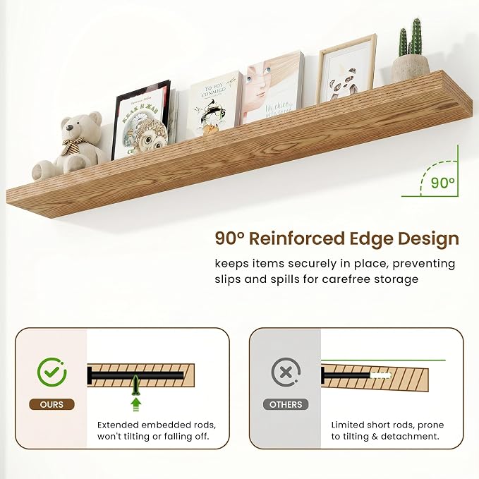 Marsmiles 72in Floating Shelves for Wall, 72" W x 9.25" D x 1.5" H, Long Wall Mounted Engineered Wood Shelves with Invisible Brackets for Living Room, Bedroom, Bathroom, Kitchen, Cedar