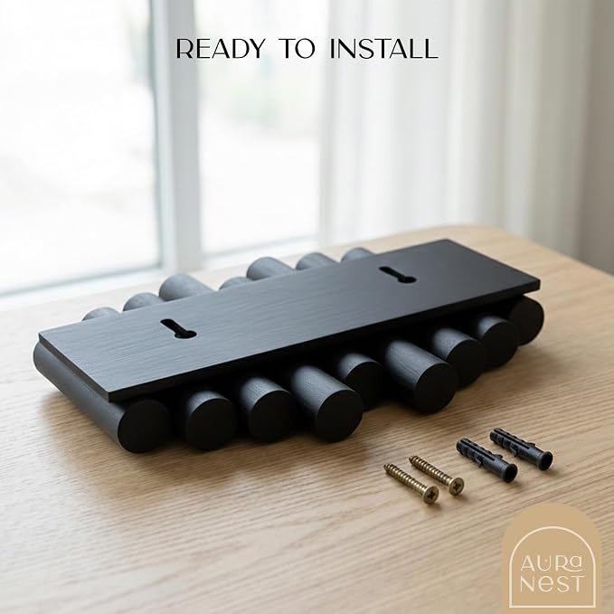 Bamboo Piano Coat Rack Wall Mount Set of 2, Flip Down Retractable Wooden Hooks for Entryway Hallway Mudroom | Matte Black Multi Hook Wall Hanger, 2-Pack 3 Hooks Organizer