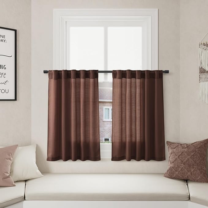 Rustic Brown Kitchen Tier Curtains 24 Inch Length Linen Blend Privacy French Country Light Filtering Short Curtain with Rod Pocket Back Tab for Over Sink Window Bathroom Laundry 2 Panels 30Wx24L