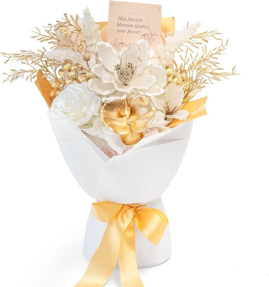 TINGE TIME Preserved Flowers Bouquet, Platinum Faux Rose Bouquets, Eternal Roses Bouquet for Wedding, Table Centerpieces, Mothers Day, Birthday Gifts, Anniversary, Graduation(White & Gold)