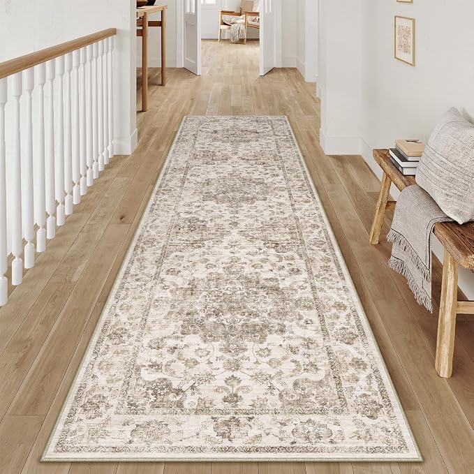 2x8 Washable Neutral Runner Rug Brown Vintage Hallway Kitchen Carpet Non-Slip Soft Low Pile Farmhouse Throw Rug for Bedroom Bathroom Laundry Living Room
