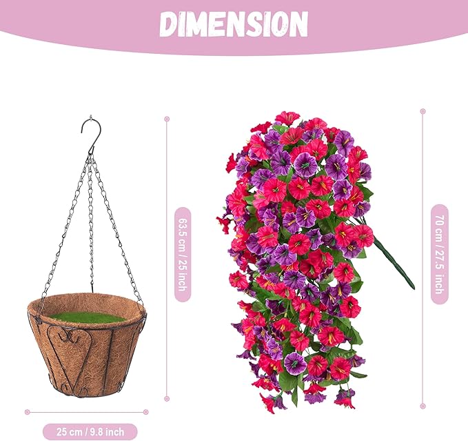 INXUGAO Artificial Flowers with Hanging Basket, Outdoor Faux Plants Silk Morning Glory Vines, Fake Green Arrangement for Garden Patio Spring Summer Decor(4pcs,Hot Pink Purple)