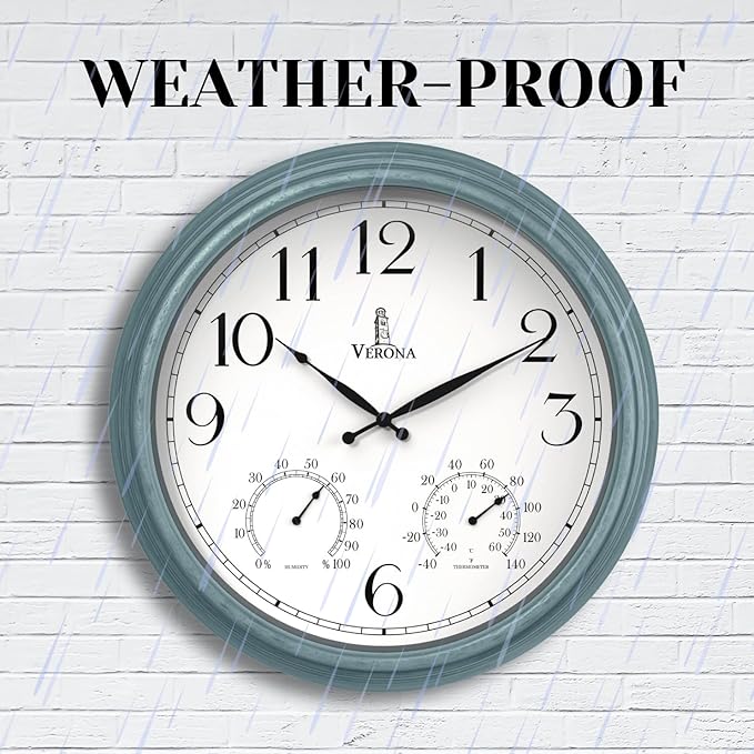 18 inch Outdoor Clocks for Patio Large Waterproof with Thermometer - Teal Blue Outdoor Clock with Temperature and Humidity for Wall - Weatherproof, Accurate & Easy to Read for Pool, Patio & Garden