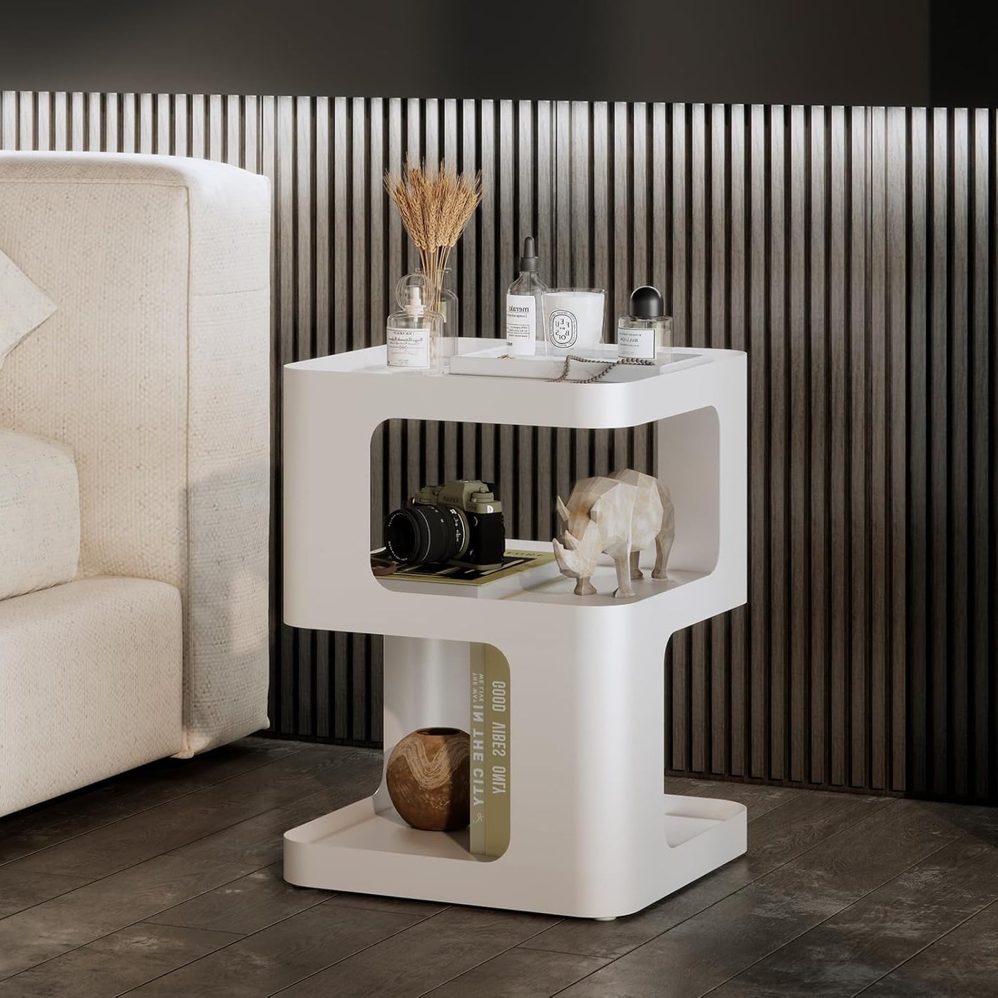 Modern Side Table,White end Table,Unique nightstand,Bedside Table,Metal 3-Tier Night Stand with Storage,Accent Side Table for Couch,Bedroom,Living Room.No Assembly Required.