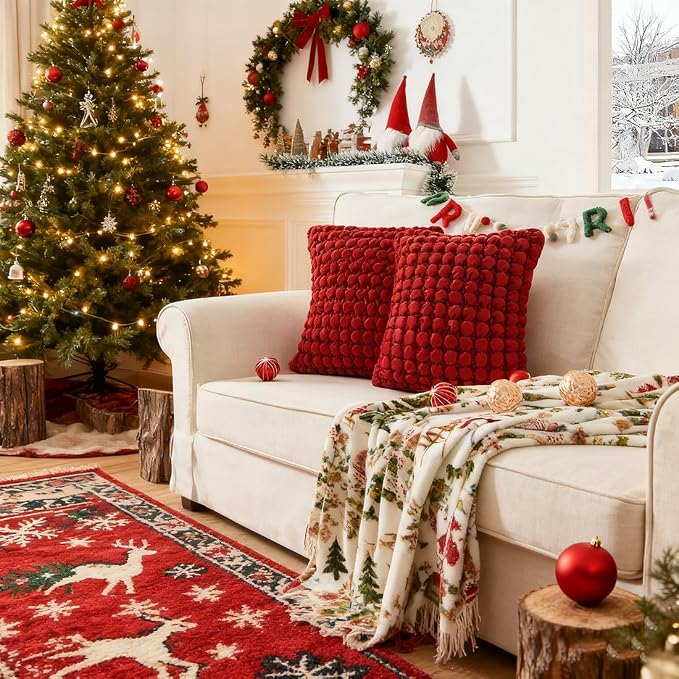 Christmas Throw Pillow Covers 18x18 Set of 2 Velvet Square Pillowcase Soft Thickened Decorative Farmhouse Cushion Covers Bubble Texture for Couch Sofa Bedroom Living Room,Red