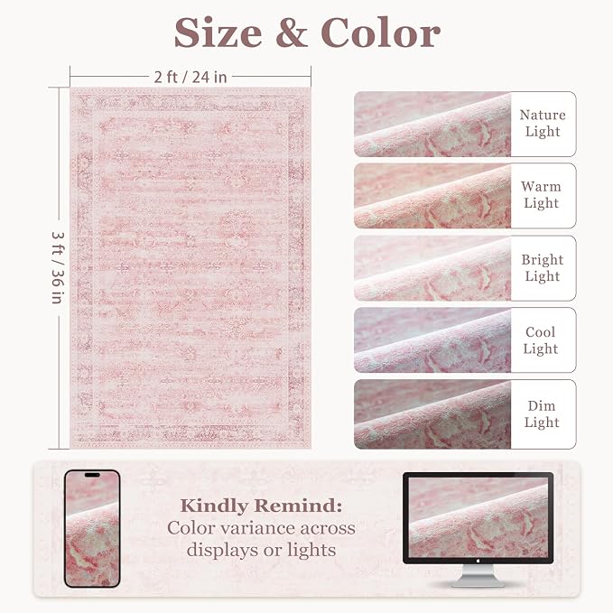 Small Pink Rug 2x3, Aesthetic Area Rug for Girls Bedroom Bedside Vanity, Cute Rug for Nursery Kids Room Dorm Washable Non Slip, Low Pile Thin Indoor Door Mats for Entryway Entrance Kitchen
