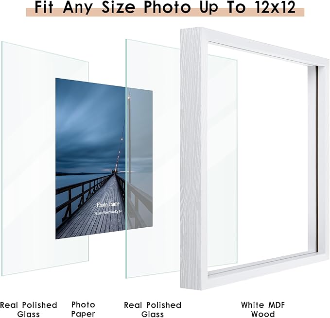 MUYE 12x16 Floating Frame Set of 2,Double Real Glass Photo Frame,Display Any Size Photo up to 12x16,Wall Mount or Tabletop Standing,White