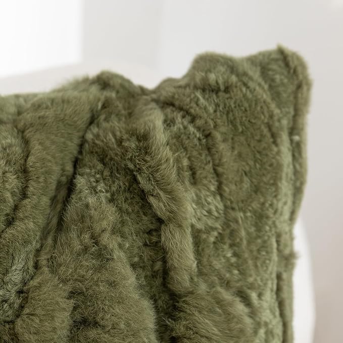 Genuine Rabbit Fur Throw Pillow Covers Set of 2,Luxury Decorative Pillowcases Soft Fluffy Animal Skin Accents Square Cushion Cover for Couch Sofa Bedroom Living Room Home,18x18 inch,Green