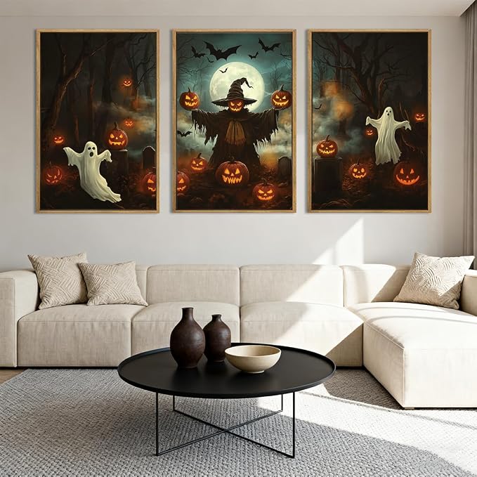 Anyzal Halloween Ghost Wall Art Spooky Pumpkin Wall Decor Dark Forest Artwork for Living Room Bedroom Dining Room16x24 Inch Set of 3