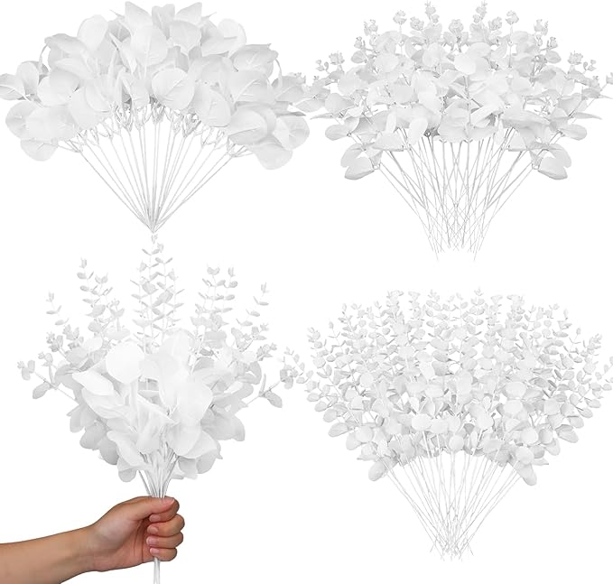 Giegxin 90 Pcs 3 Kinds Mixed Artificial Eucalyptus Leaves Stems Bulk Silver Dollar Leaves Picks Dried Eucalyptus Bundle Faux Spray for Wedding Vase Bouquet Floral Arrangement (White)