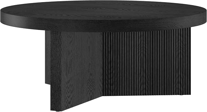 Henn&Hart 36" Fluted Round Low-Profile Coffee Table with Ribbed Pedestal Base for Living Room, Family Room, or Office, Natural Black