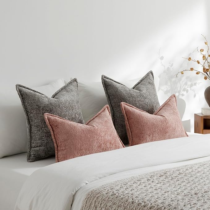 DEZENE Pack of 2 Grey Euro Shams Pillow Covers 26x26 Cozy Soft Chenille Decorative Throw Pillow Covers Accent Vintage Square Couch Pillow Covers for Home Decor Bed Sofa Living Room