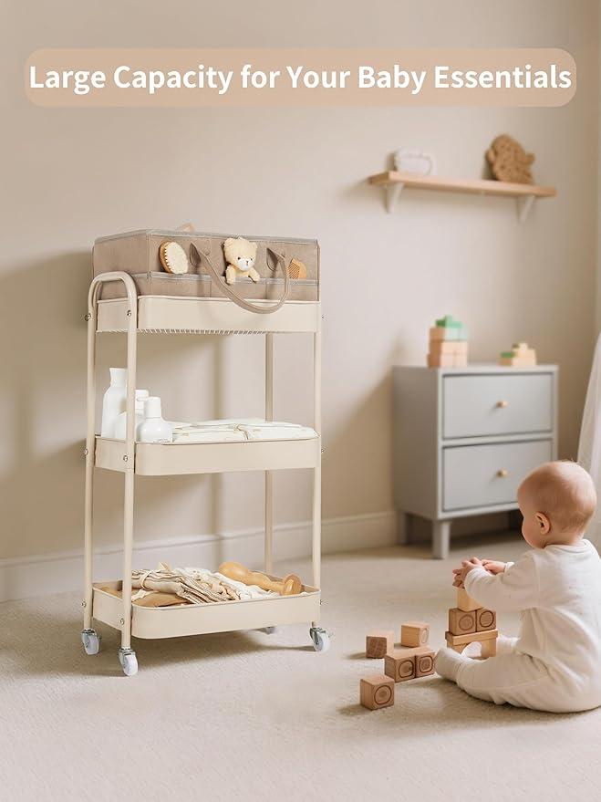 Fortella Baby Diaper Caddy, 3 Tier Rolling Storage Cart for Baby Essentials, Diaper Cart with Detachable Dividers, Storage & Baby Bottle Organizer, Nursery Dresser for Bedroom, Living Room (Taupe)