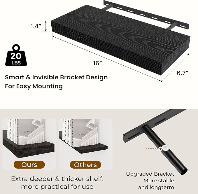 Dreamland 16" Black Floating Shelves 6.7" Deep Wall Mounted Set of 2 | Wall shelves for bathroom, bedroom, Living Room, kitchen, deep wall mount wood storage display for home decor 16" x 6.7"