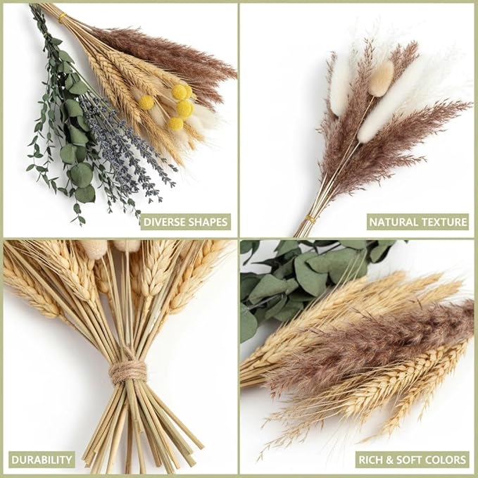 500PCS Dried Pampas Grass Bouquet – Boho Dried Flowers for Vase, White & Brown Pampas, Bunny Tails, Eucalyptus, Wheat & Lavender – Natural Floral Decor for Home, Wedding, Baby Shower &Photoshoot Props