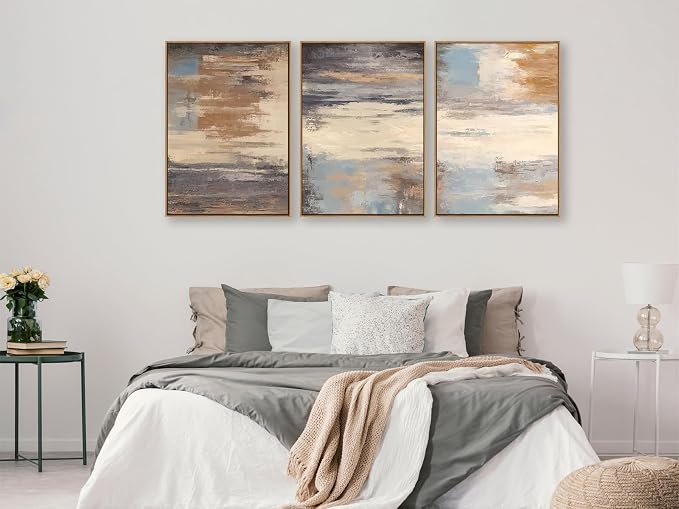 Large Framed Canvas Wall Art - Natural Float Framed Colorful Pictures for Living Room Decor Contemporary Brown Beige Grey Lines Artwork for Bedroom Kitchen Home Office Decoration 60" X 28" Set of 3