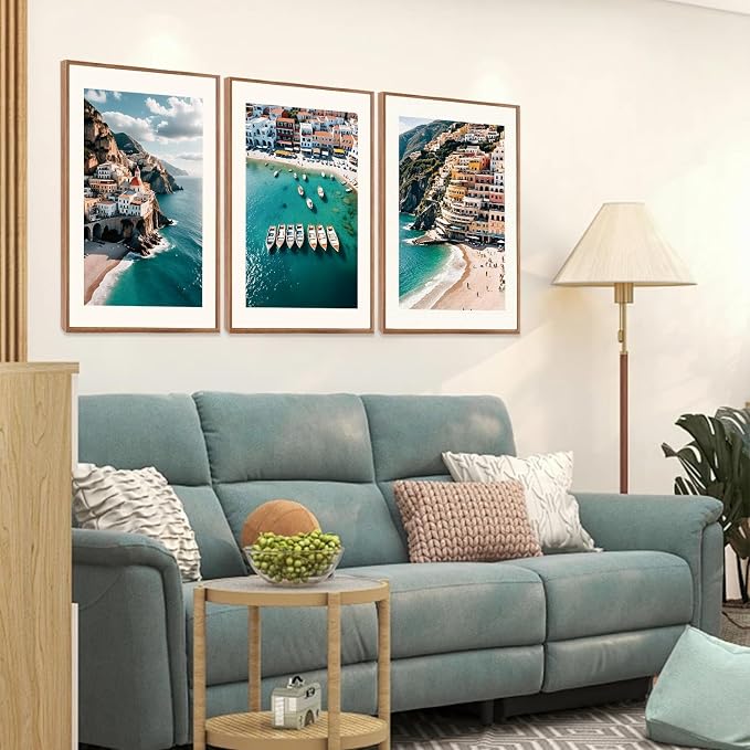 LHIUEM Ocean Positano Wall Decor,Blue Amalfi Coast Prints Set of 3,Aerial Photography Prints,Blue Sea Italy Print Canvas Wall Art,Beach Wall Art Pictures for Bedroom Bathroom -24"x36"x3