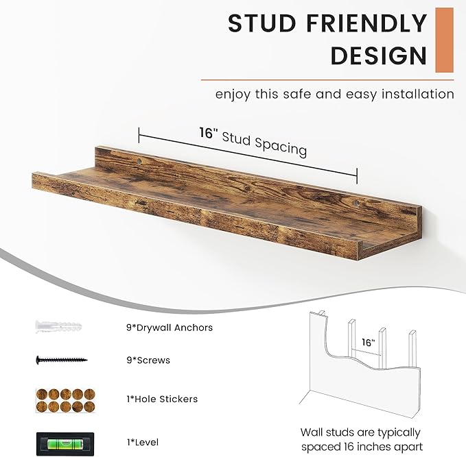 FLYJOE Floating Picture Ledge Shelves for Wall Set of 4, 24 Inch Wall Shelves with Lip Long Large Nursery Book Shelf for Toys Storage Kids Bookshelf Wall Mounted Living Room Bedroom Decor Frames