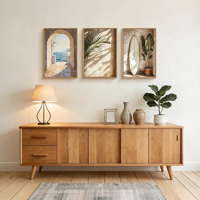 French Landscape Framed Canvas Wall Art Set, Ocean Coastal Style Wall Decor, Palm Tree Surfboard Wall Painting, Ocean Seascape Art Prints for Living Room, Bedroom, 16×24inches