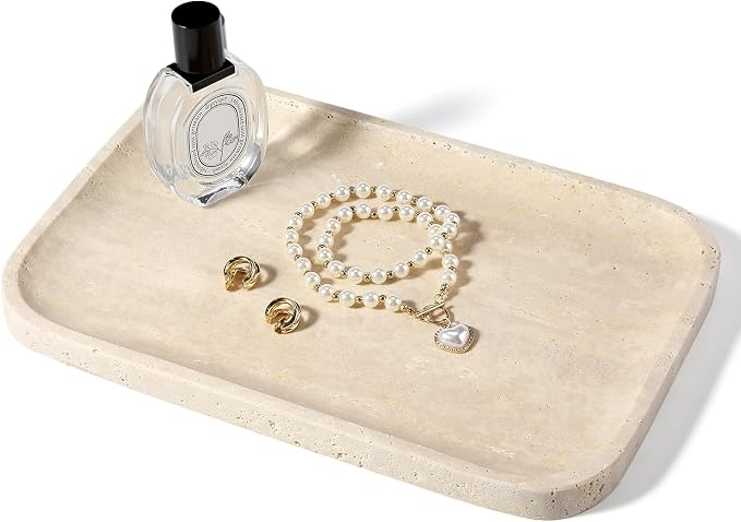 Koville Romano Travertine Tray, 12"x8" Natural Stone Vanity Tray for Countertop Bathroom Kitchen Dresser, Decorative Marble Catchall Trays for Perfume Jewelry, Rectangular Serving Tray(Beige)