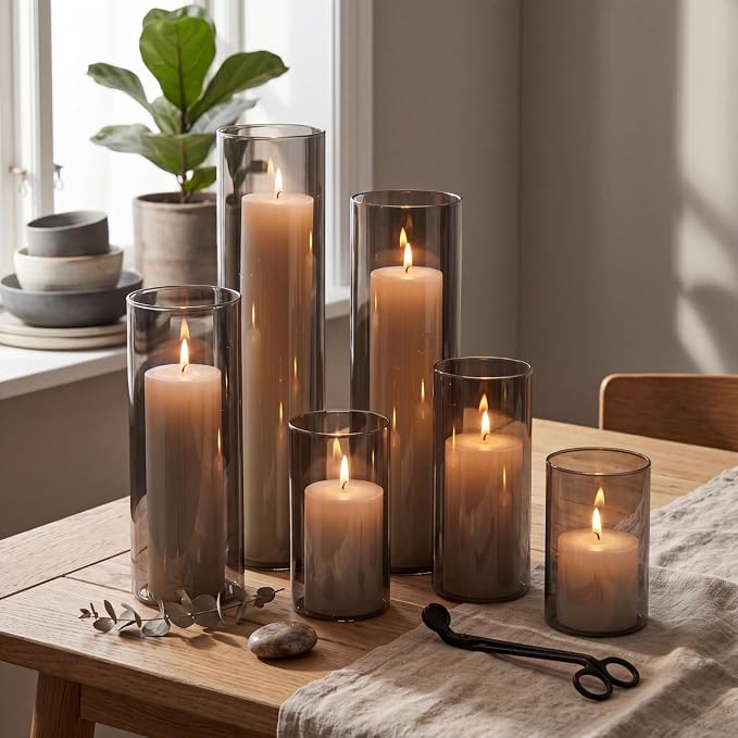 Shihanee Set of 6 Pillar Candles and Glass Cylinder Vases Assorted Sizes Cylinder Holders for Pillar Candles Home Table Centerpieces Wedding Party Decorations (White,Smoky Black)