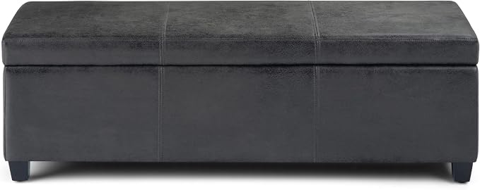 SIMPLIHOME Avalon Storage Ottoman Bench - 48" Wide x 16" High Upholstered Vegan Leather Rectangular Lift-Top Ottoman in Distressed Black, Contemporary Bench for Living Room with High-Density Foam