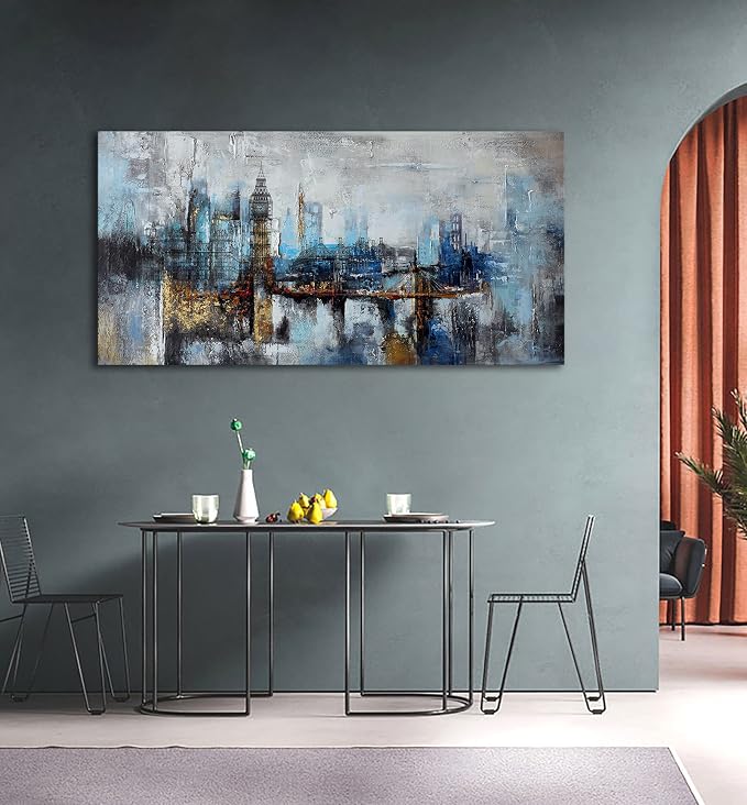 Pogusmavi Large Wall Art for Bedroom Abstract City View Canvas Art Modern Home Decor Gray Blue Buildings Prints for Bedroom Wall Art Office Artwork Wall Decor for Living Room Decor 29x58 inches