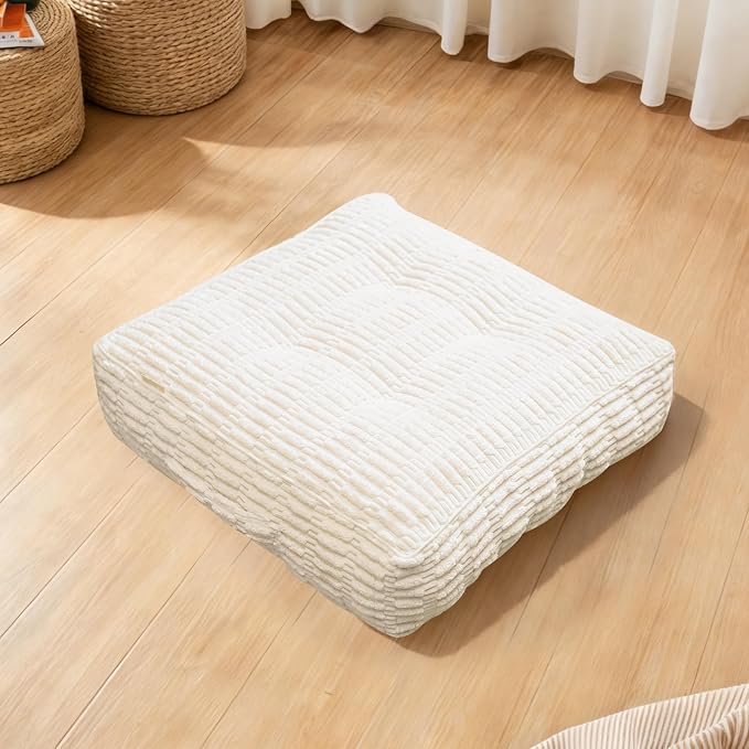 Floor Cushions, Corduroy Floor Pillow, Floors Pillows for Adults & Pets, Large Floors Pouf, Square Floored Pillows for Sitting & Yoga(1PC, Beige White，22"×22"×5.9")