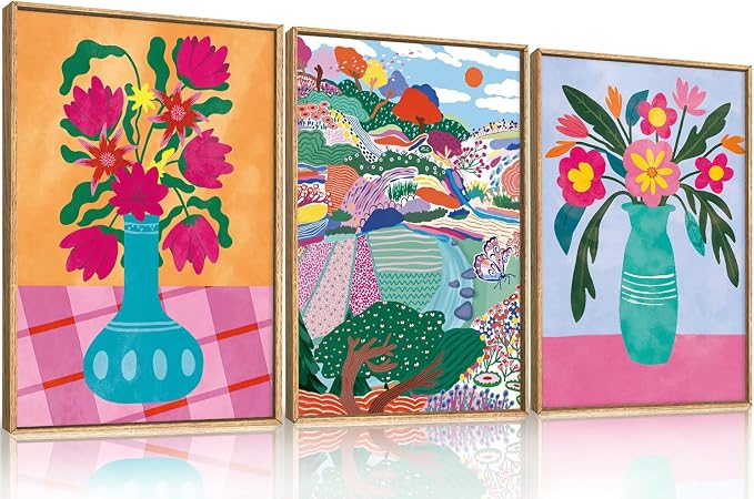 HOURIA Spring Colorful Flower Field Landscape Framed Canvas Wall Art Set,Abstract Pink Floral Vase Wall Decor,Natural Botanical Tree Artwork,Modern Sunrise Art Prints for Living Room,Farmhouse-16"x24"x3