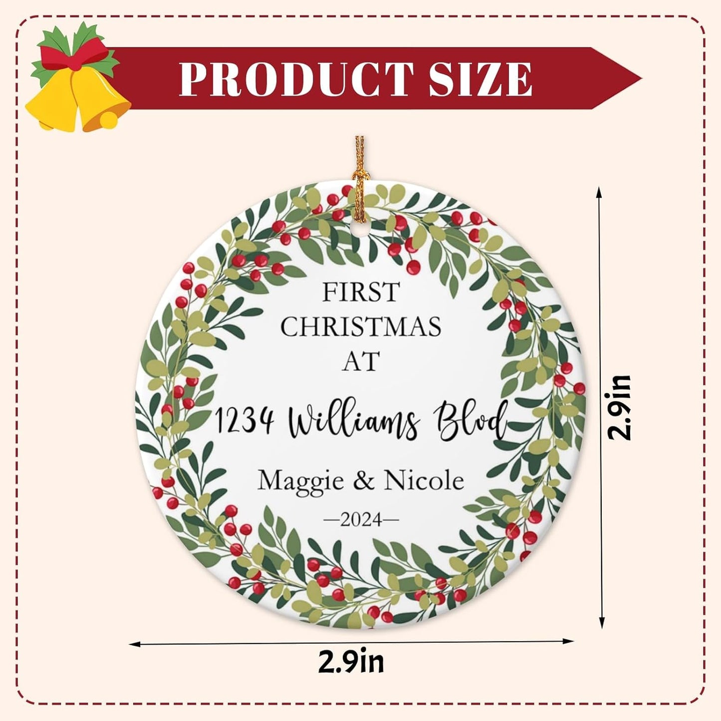 Personalized New Home Ornament 2025 w/Name & Address, Custom First Christmas in Our New Home Ornaments,Double-Sided Ceramic Customized New House Xmas Ornaments