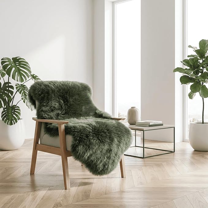 AOGELAN Premium Genuine Fur Sheepskin Rug, Real Australia Sheepskin Natural Luxury Fluffy Lambskin Fur Area Rug Seat Covers for Kids Bedroom Sofa Chair Cover (Dark Green, Double Pelt/2ft x 6ft)