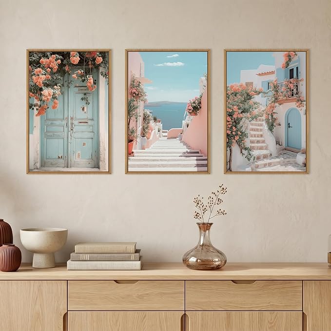 KAIRNE Italy Amalfi Coast Cityscape Framed Canvas Wall Art Set,Neutral Italian Mediterranean Wall Decor,Greece Island Landscape Wall Painting,Florida Beach Artwork for Living Room,Bedroom-24 x36 x3