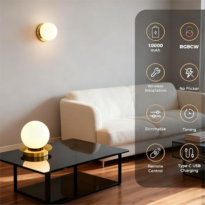 L LOHAS LED Battery Operated Wall Sconce Set of 2, 2-in-1 Rechargeable 10000mAh Wireless Globe Wall Lights with Remote, 16 RGB Colors Dimmable Modern Gold Sconces for Bedroom & Living Room Decor
