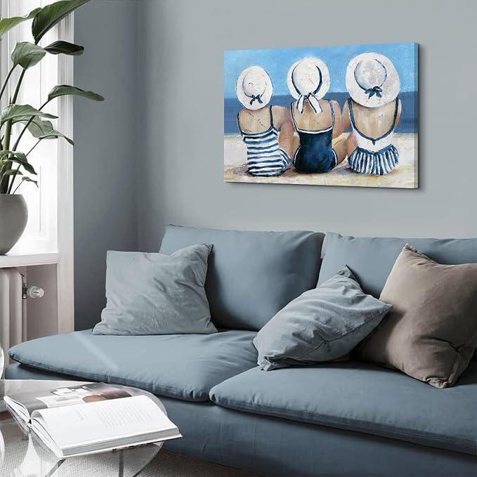 Navy Blue Coastal Canvas Wall Art Beach Wall Decor for Girls Bedroom Rustic Ocean Landscape Painting Bathroom Picture Nautical Seaside Swimsuit Poster Artwork Living Room Kitchen Decoration 20x30"