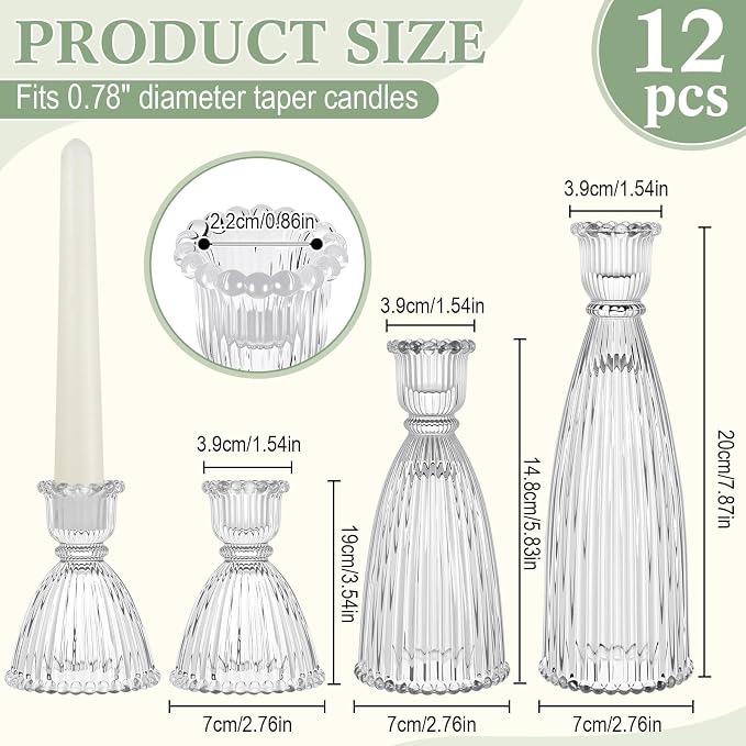 Mumufy 12 Pack Glass Candlestick Holders(3.5", 5.8", 7.9") – Bulk Set of Vintage Clear Tapered Striped Candle Holders for Candlesticks, Banquets, Events, and Festive Parties(Clear)