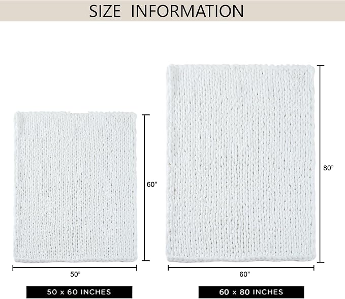 Chunky Knit Throw Blanket 50x60, 100% Handmade Chenille Yarn | 4.4lbs Soft Thick Cable Knitted Blankets, Large Rope Knot Crochet Throws for Couch Sofa Bed Machine Washable, Snow White