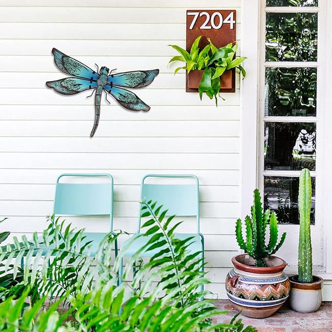 LIFFY Metal Dragonfly Wall Decor - Outdoor Garden Art for Patio, Living Room, Bedroom - Dragonfly Gifts (14inch, Metal & Glass)