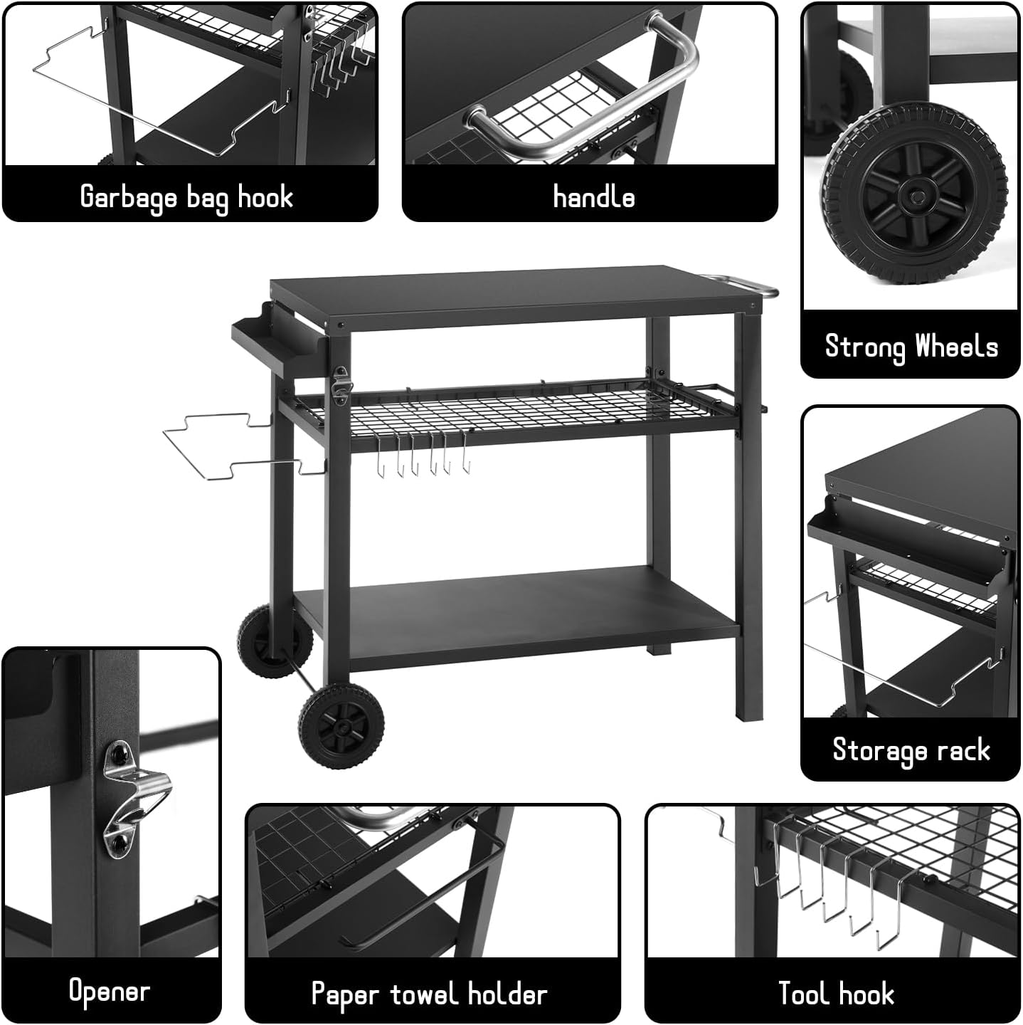 Grill Cart Table with Three Shelf, Movable Outdoor Dining Cart Pizza Oven Stand with Three Hooks, Kitchen Cart Island Multifunction Food Prep Table (Black)