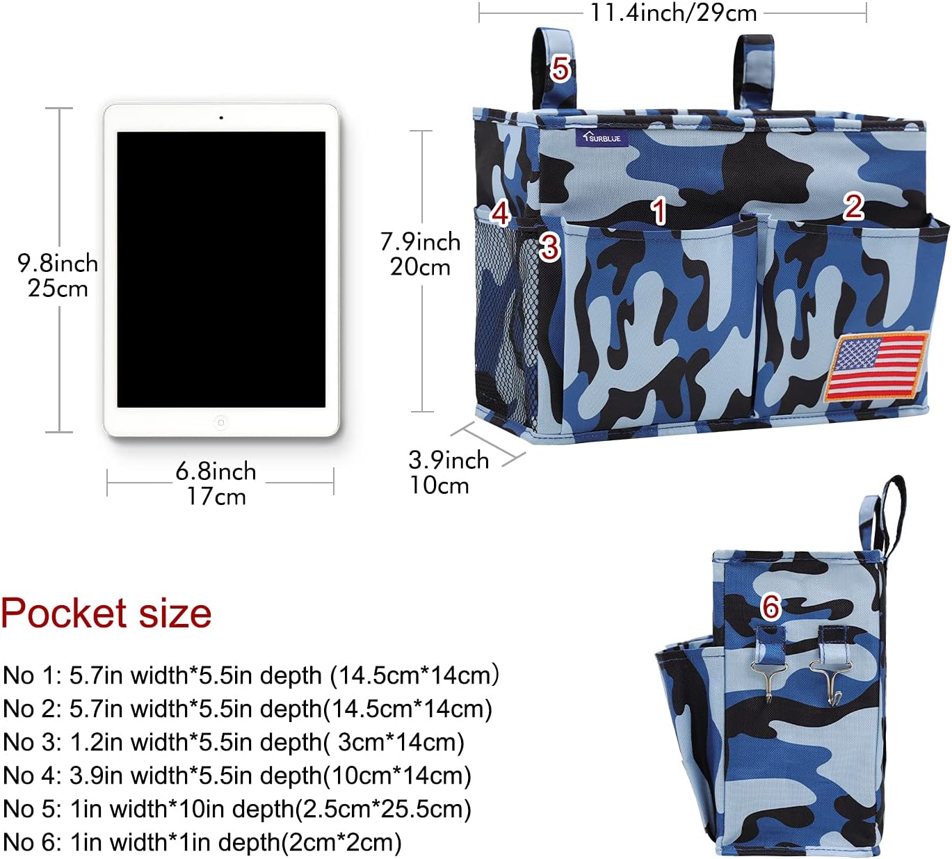 Surblue Bedside Caddy Hanging Bed Organizer Storage Bag Pocket for Bunk and Hospital Beds, College Dorm Rooms Baby Bed Rails, Wheelchair Side Bag, Camp Chiars, 4 Pockets and 2 Hooks (Small Ocean)