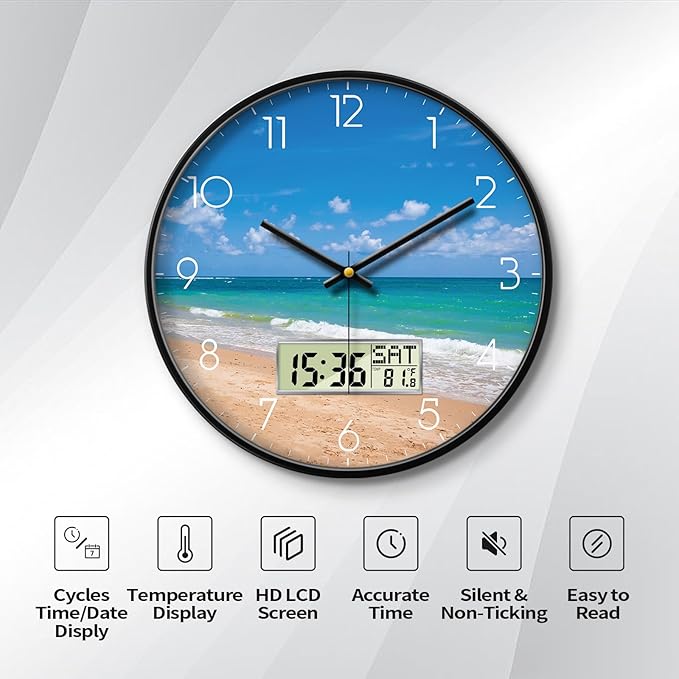 14 Inch Blue Ocean Beach Wall Clock, Silent Non-Ticking Battery Operated Analog Clock with LCD Calendar & Temperature Display, Modern Wall Clock for Home, Office, Beach House, Hotel Decor