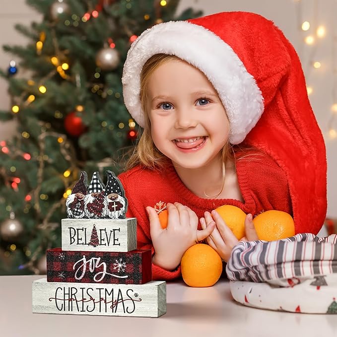 Smile 4 Pcs Christmas Indoor Decoration Wooden Sign, Tabletop Decor Gnome Believe Joy Christmas, Ornaments for Home Shelf Mantel Fireplace.