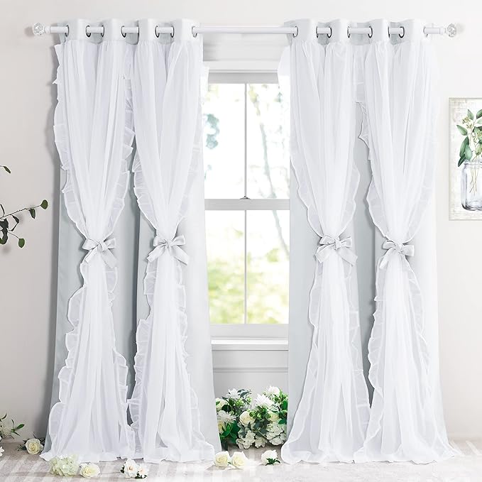 PONY DANCE Shabby Chic Curtains with Ruffle Sheer Overlay for Girls Bedroom, Double Layer Room Darkening Drapes,Farmhouse Rustic Design, 52" W x 95" L, Greyish White, 2 Pieces
