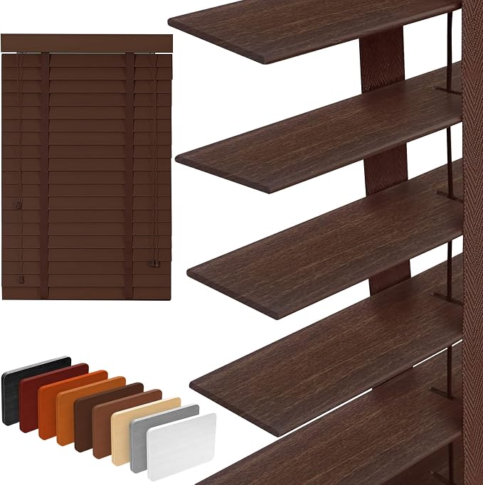 2" Slats Wood Blinds for Indoor Windows: Solid Wooden Blackout Blinds & Shades,Black Out Privacy Horizontal Blinds for Home Bedroom Bathroom Living Room Windows and Doors Dark Brown