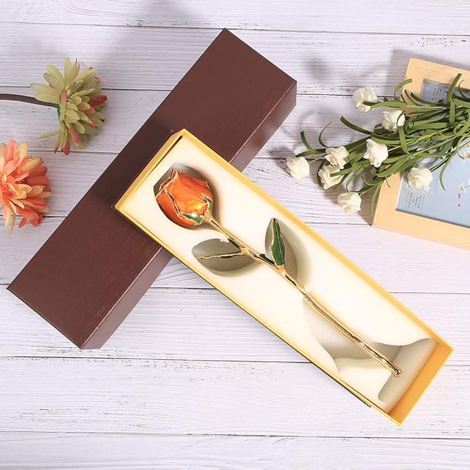 Valentines Day Rose 24k Gold Dipped Rose Forever Preserved Rose Flower with Display Stand for Her Wife Mother Girlfriend on Anniversary Birthday Christmas, Orange
