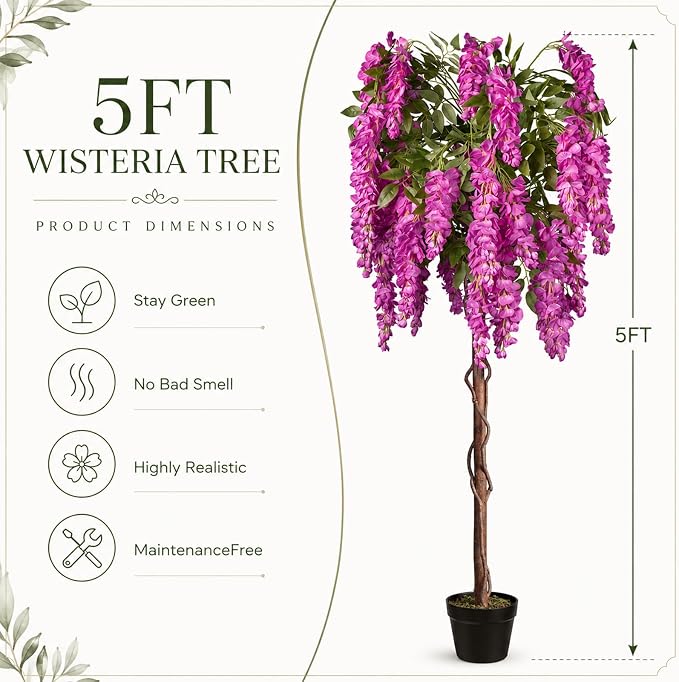 5ft Artificial Wisteria Tree, Fake Tree with Firmly Attached Blooms for Less Shedding, Faux Trees Indoor Outdoor Home Office Living Room Decor, Potted Floor Plant