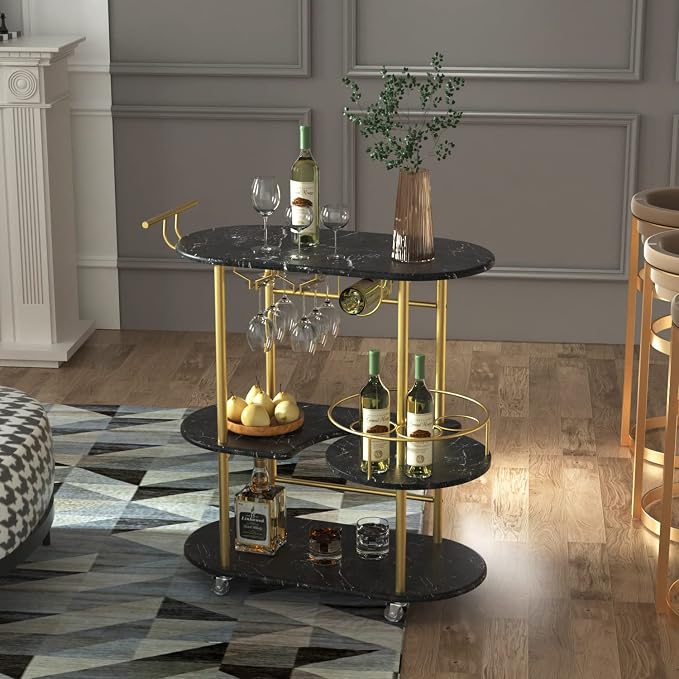 Black Bar Carts with 4-Tier Storage Shelves, Mobile Bar Serving Cart with Wine Rack and Glass Holder, for The Home, Kitchen, Living Room, Dining Room