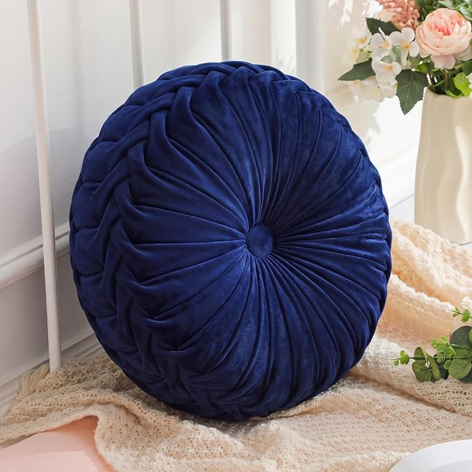 Drydiet 1 Pcs Round Throw Velvet Pillows Decorative Pleated Throw Pillows Diameter Accent Pumpkin Boho Chair Cushion for Couch Sofa Home Decoration (Navy Blue,15'')